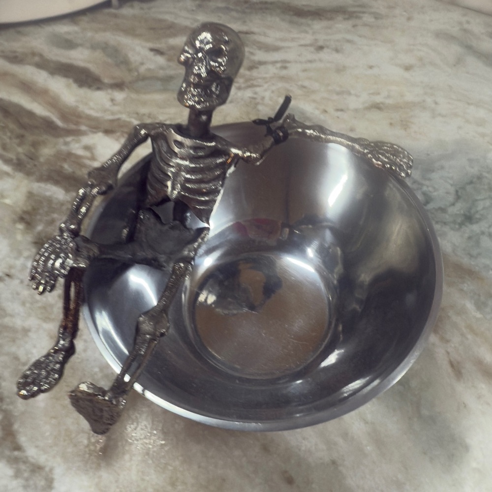 Spooky Nights Skeleton Candy Dish Halloween 6.5” Silver tone Pottery Barn New